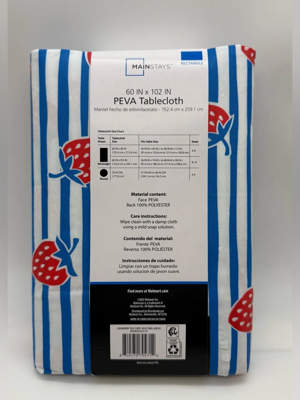 Mainstays Red & Blue Strawberry Stripe PEVA Tablecloth